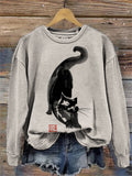 Lovely Black Cat Art Graphic Vintage Cozy Sweatshirt