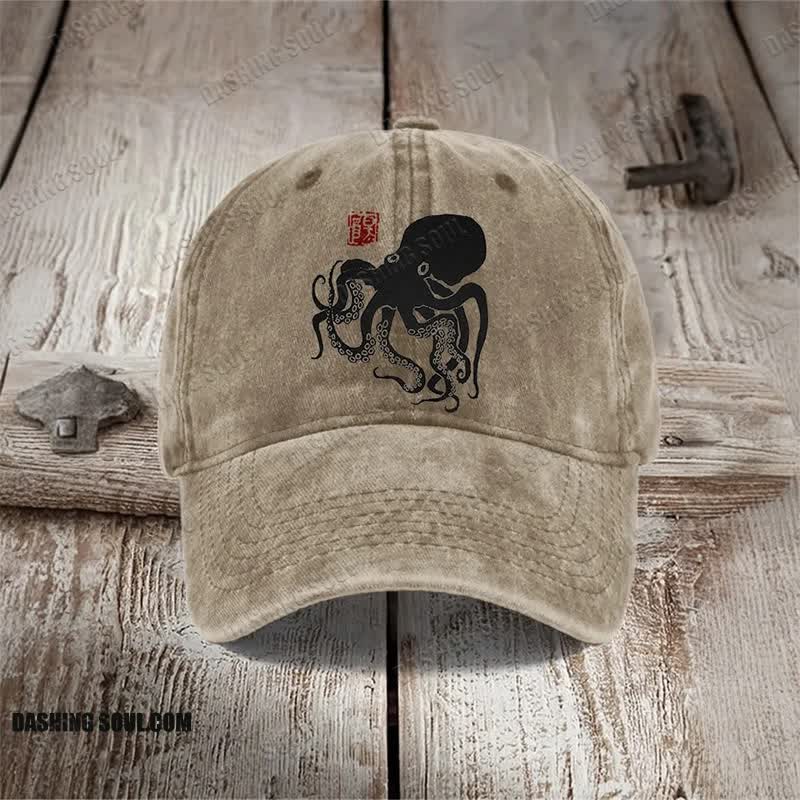 Octopus Japanese Lino Art Print Washed Cap