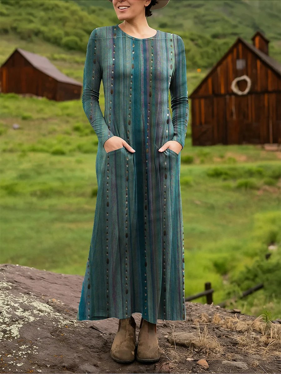 Women's Retro Art Print Long Sleeve Dress