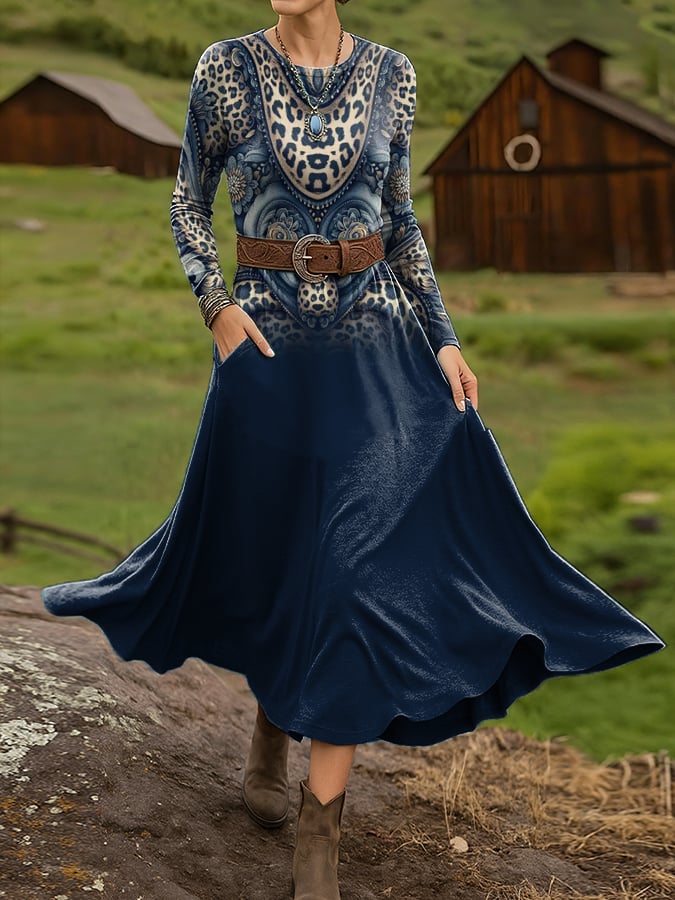 Women's Vintage Western Print Long Sleeve Dress