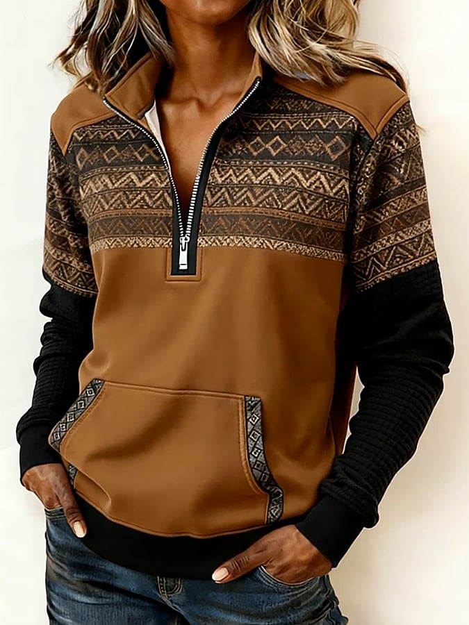 Women'S Casual Half-Zip Pullover Sweatshirt With Lotus Print