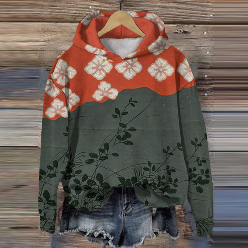 Japanese Art Flower Print Long Sleeve Hoodie