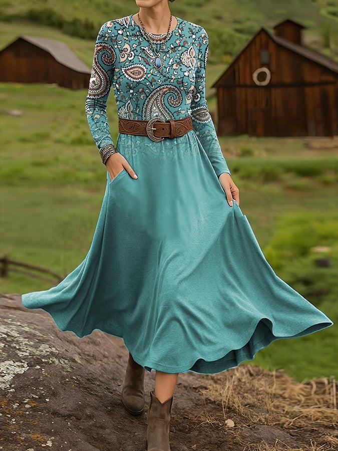 Women's Vintage Western Print Long Sleeve Dress