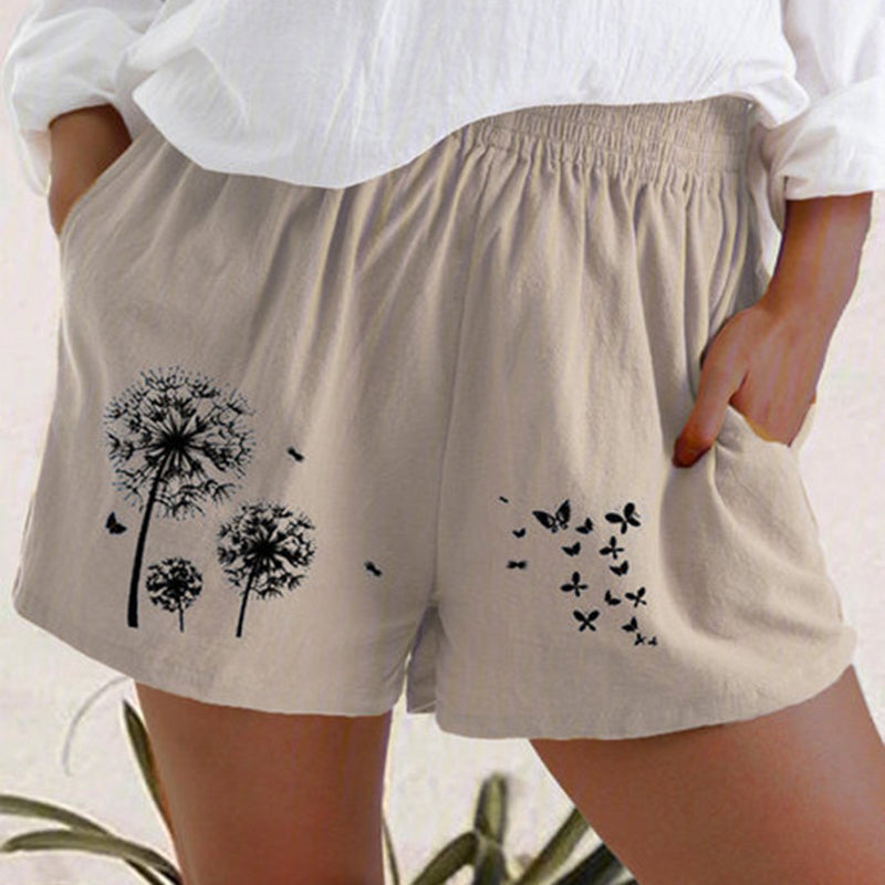 Women's Dandelion Printed Loose Cotton Pocket Casual Shorts