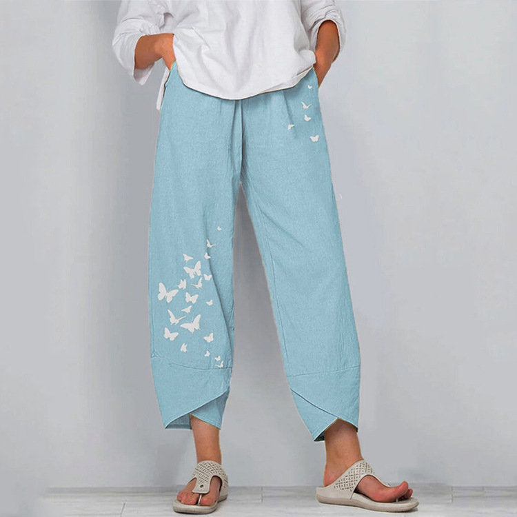 Summer Casual Loose Cotton Linen Butterfly Print Pants