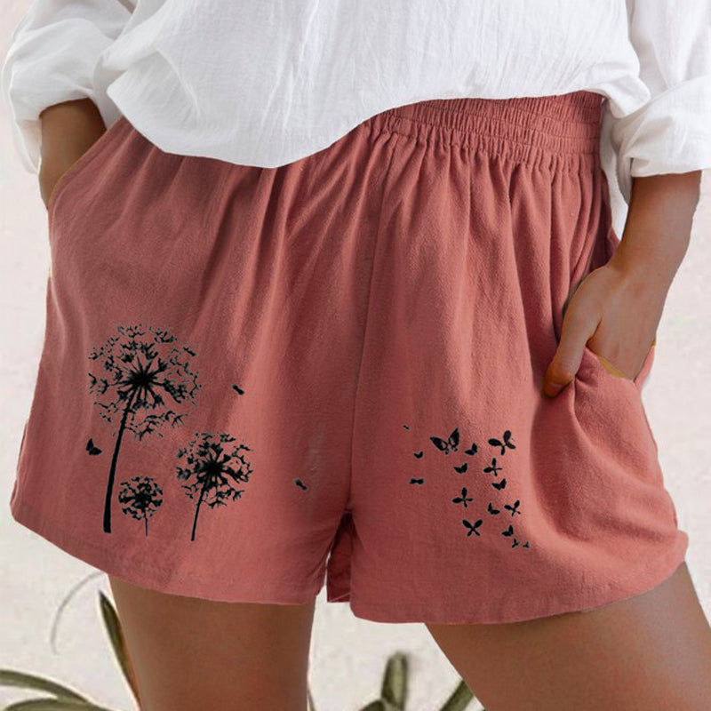 Women's Dandelion Printed Loose Cotton Pocket Casual Shorts
