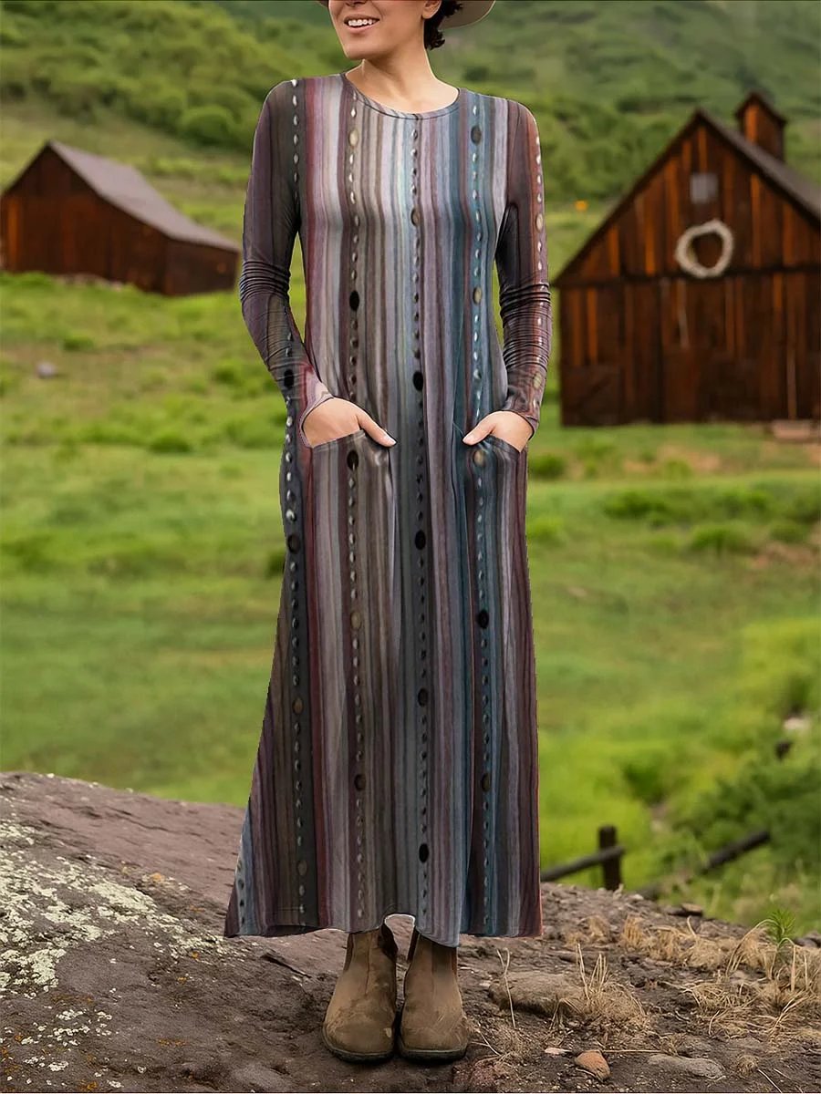 Women's Retro Art Print Long Sleeve Dress