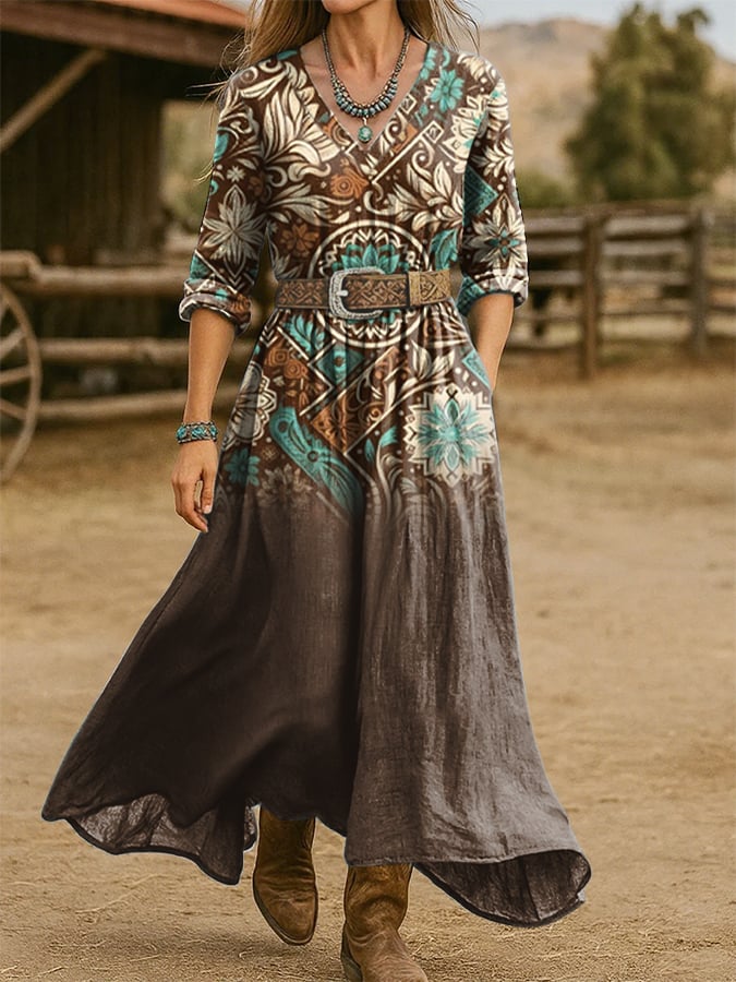 Women's Western Vintage Floral Print Dress