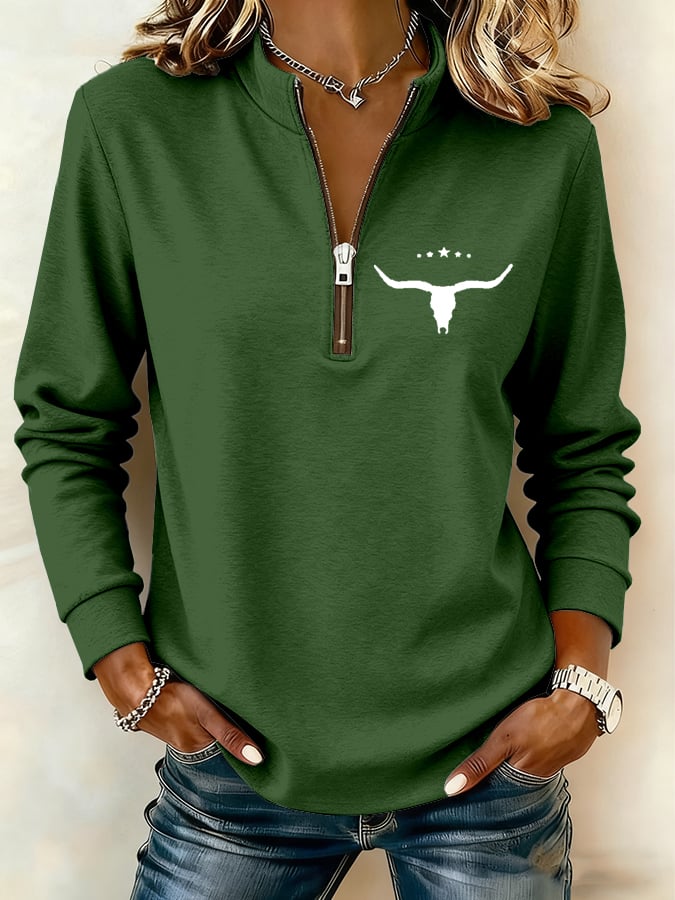 Women's Retro Cow Zipper Stand Collar Casual Sweatshirt