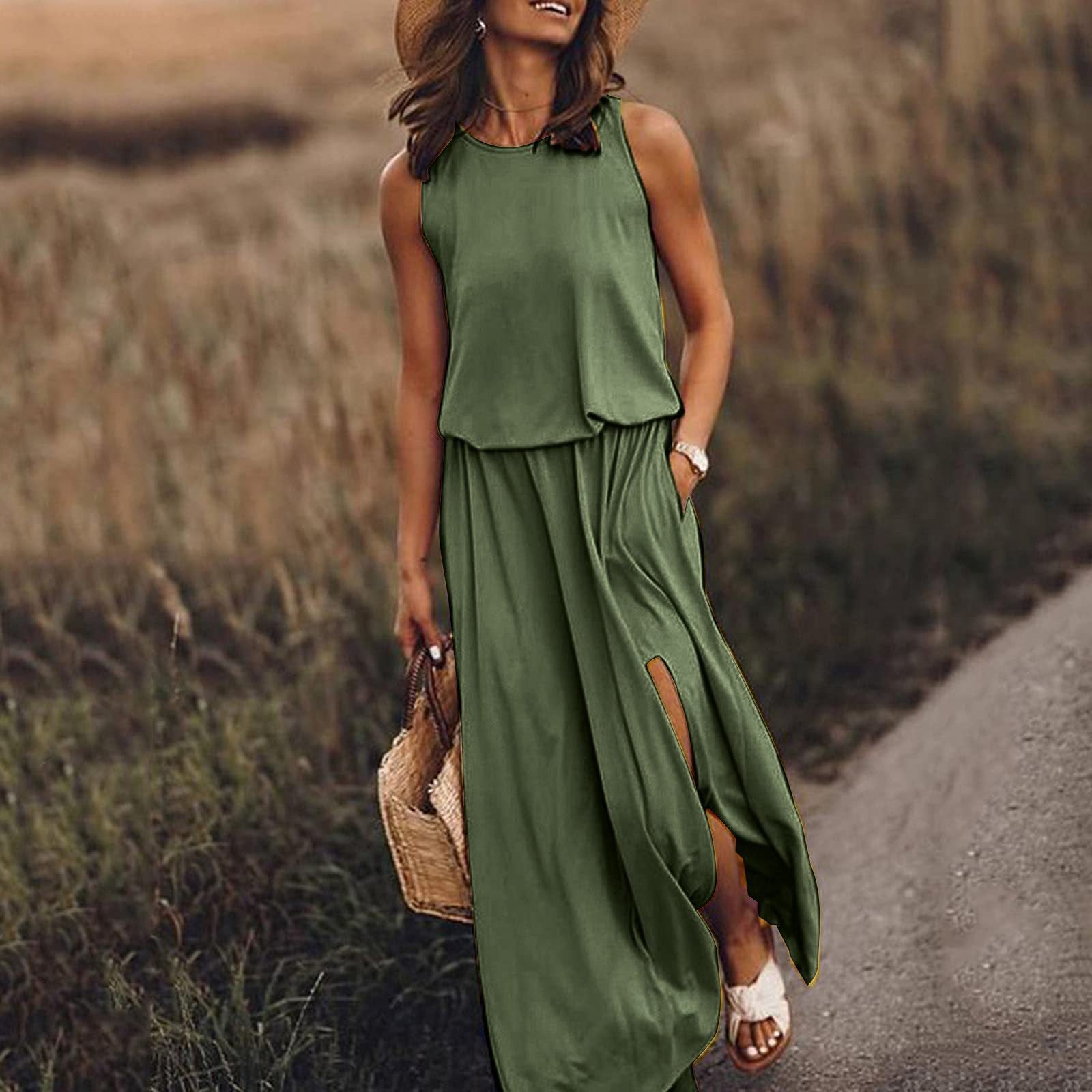 Women's Summer Round Neck Sleeveless Dress Split Solid Colour Dress