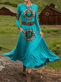 Women's Vintage Western Print Long Sleeve Dress