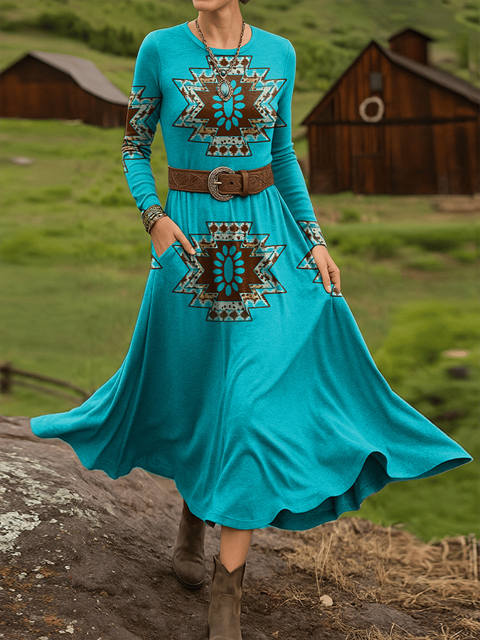 Women's Vintage Western Print Long Sleeve Dress