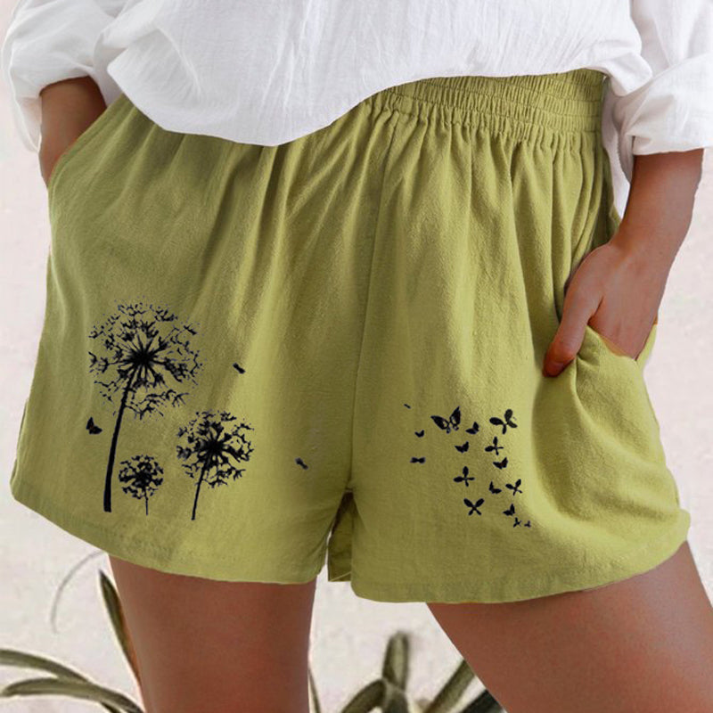 Women's Dandelion Printed Loose Cotton Pocket Casual Shorts