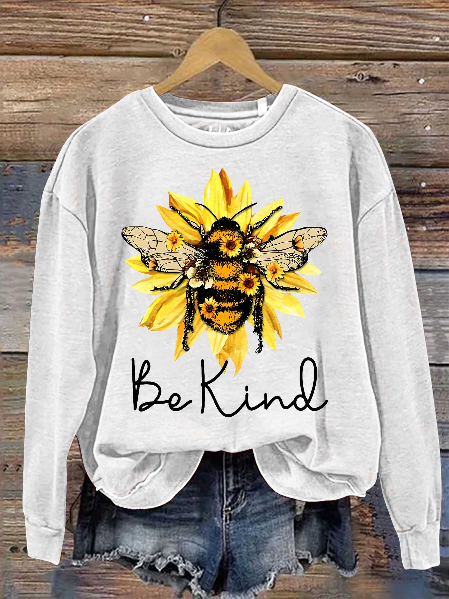 Be Kind Flower Bee Print Casual Sweatshirt