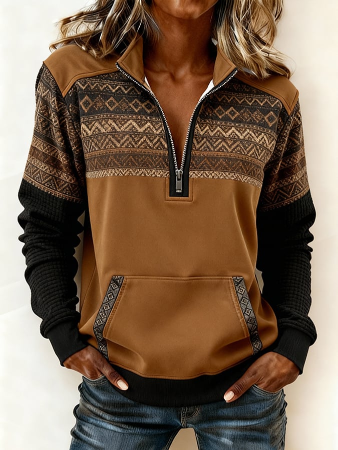 Women'S Casual Half-Zip Pullover Sweatshirt With Lotus Print