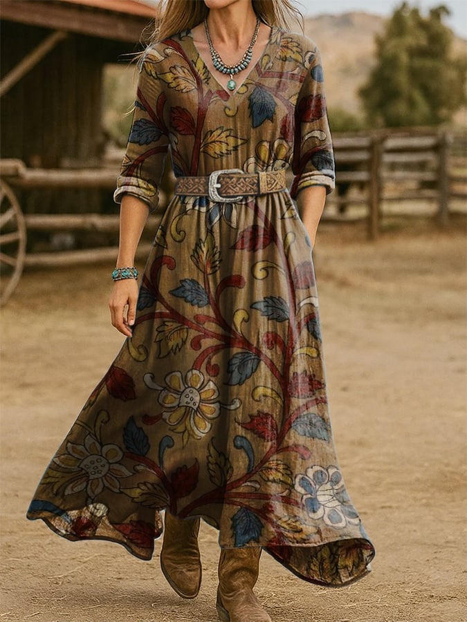 Women's Western Vintage Floral Print Dress