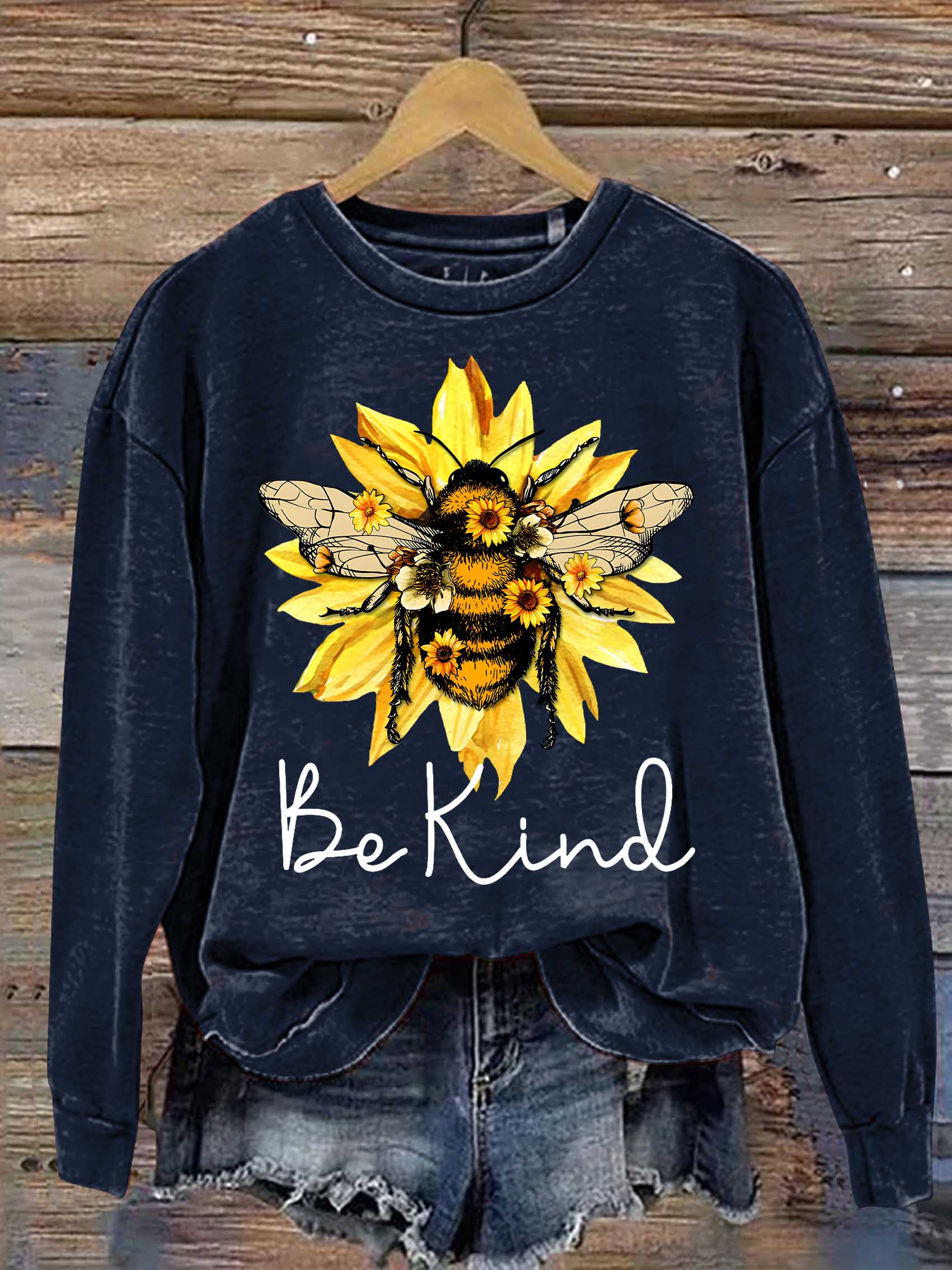 Be Kind Flower Bee Print Casual Sweatshirt