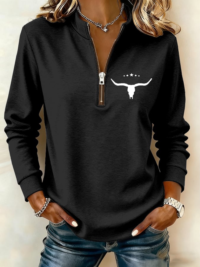 Women's Retro Cow Zipper Stand Collar Casual Sweatshirt