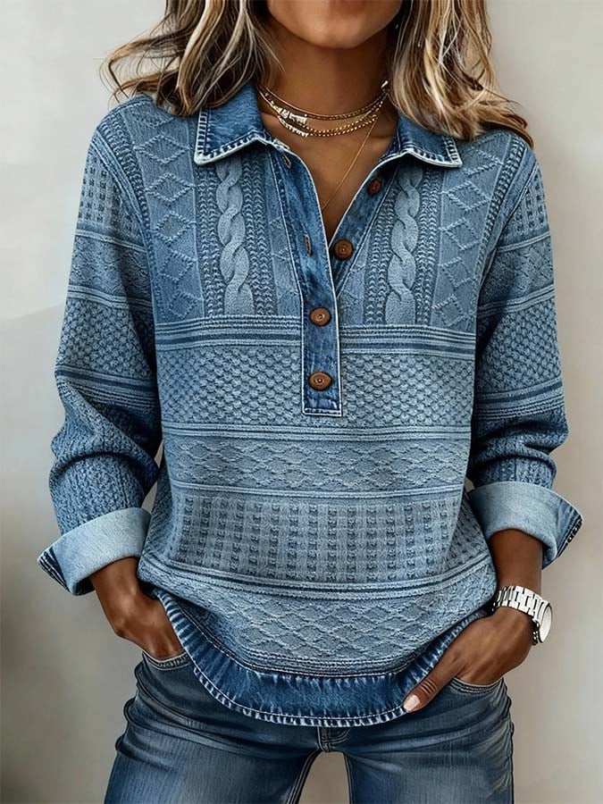 Women'S Casual Collared Color-Blocked Pullover Sweatshirt