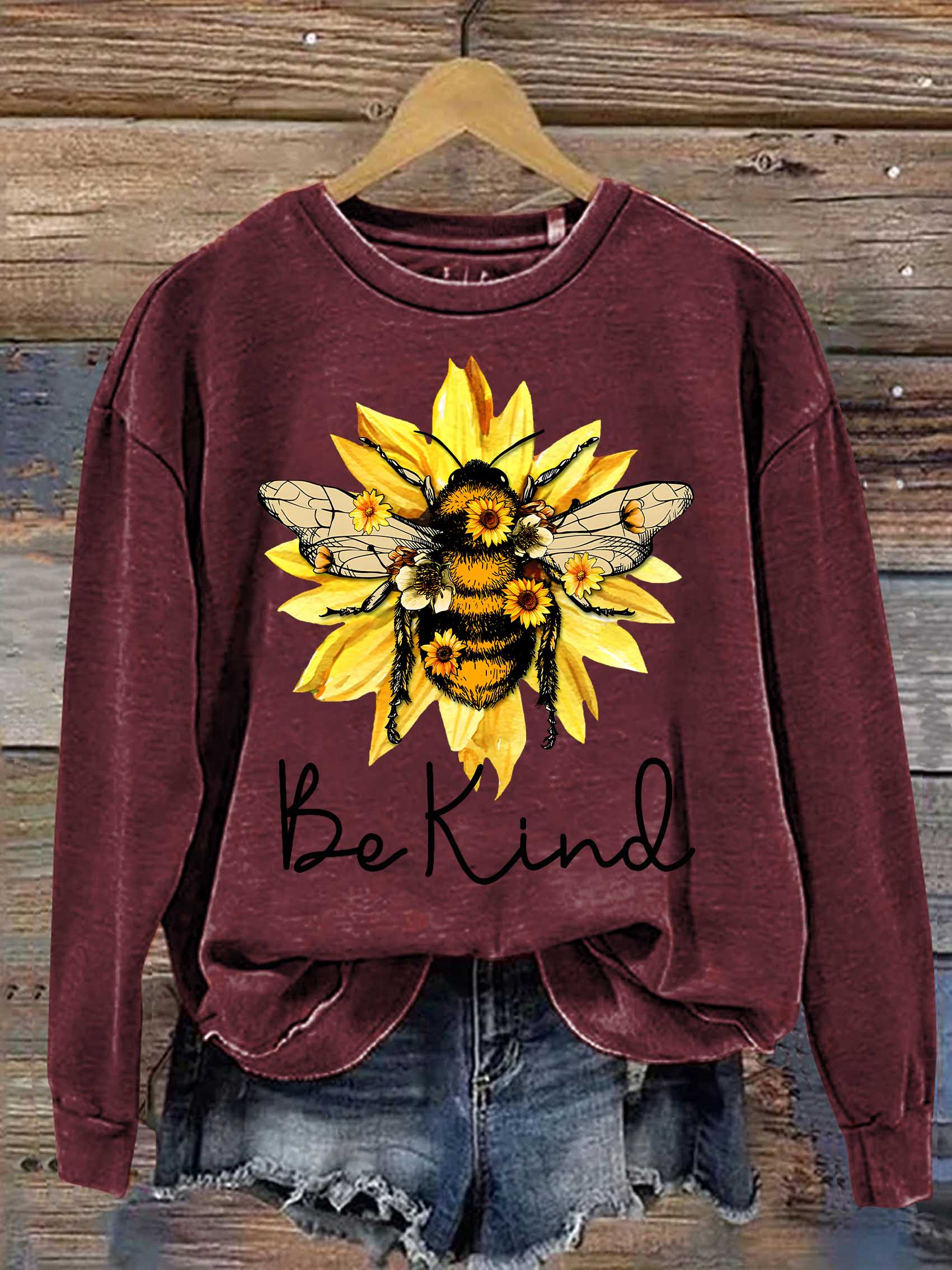 Be Kind Flower Bee Print Casual Sweatshirt