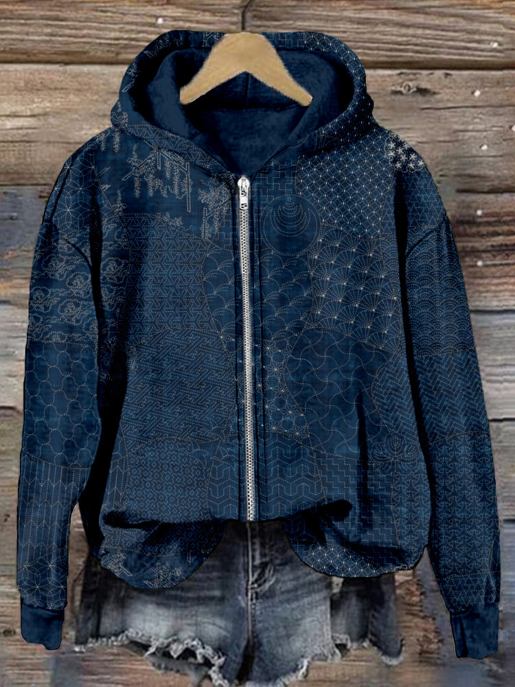 Japanese Traditional Sashiko Art Comfy Zip Up Hoodie