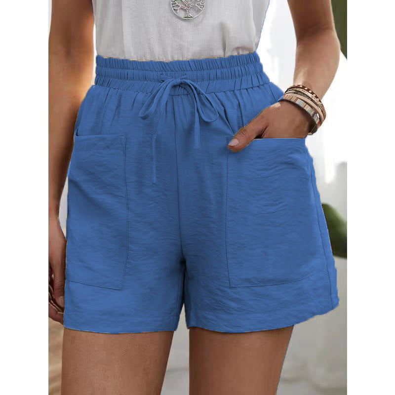 Loose Linen Casual Pocket Solid Color Shorts