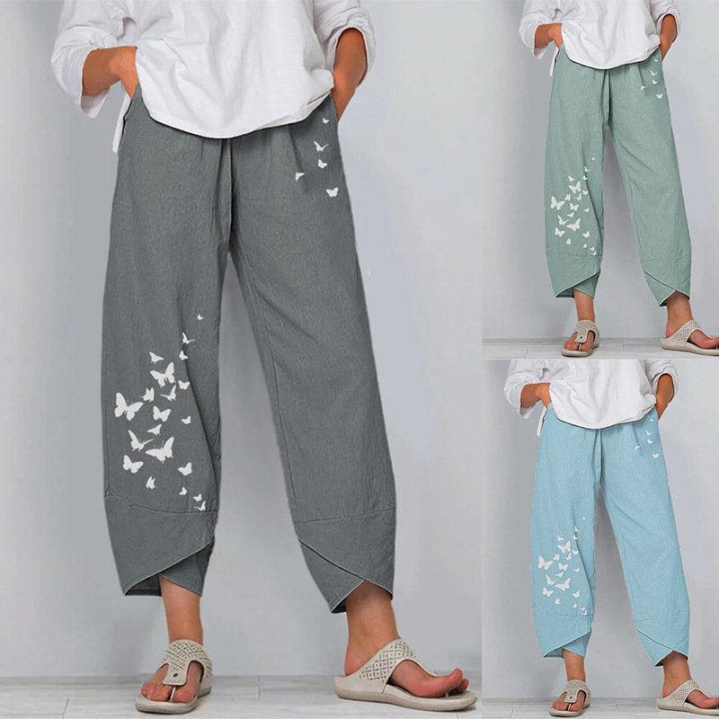 Summer Casual Loose Cotton Linen Butterfly Print Pants