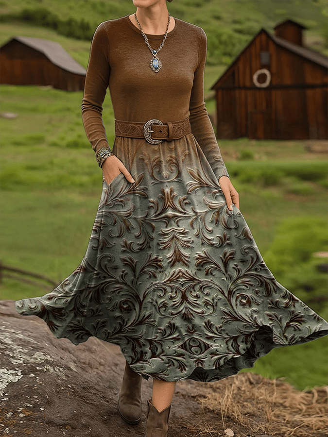 Women's Vintage Western Floral Print Long Sleeve Dress