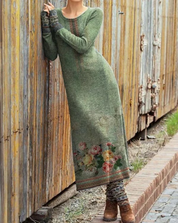 Women's Retro Art Print Long Sleeve Dress