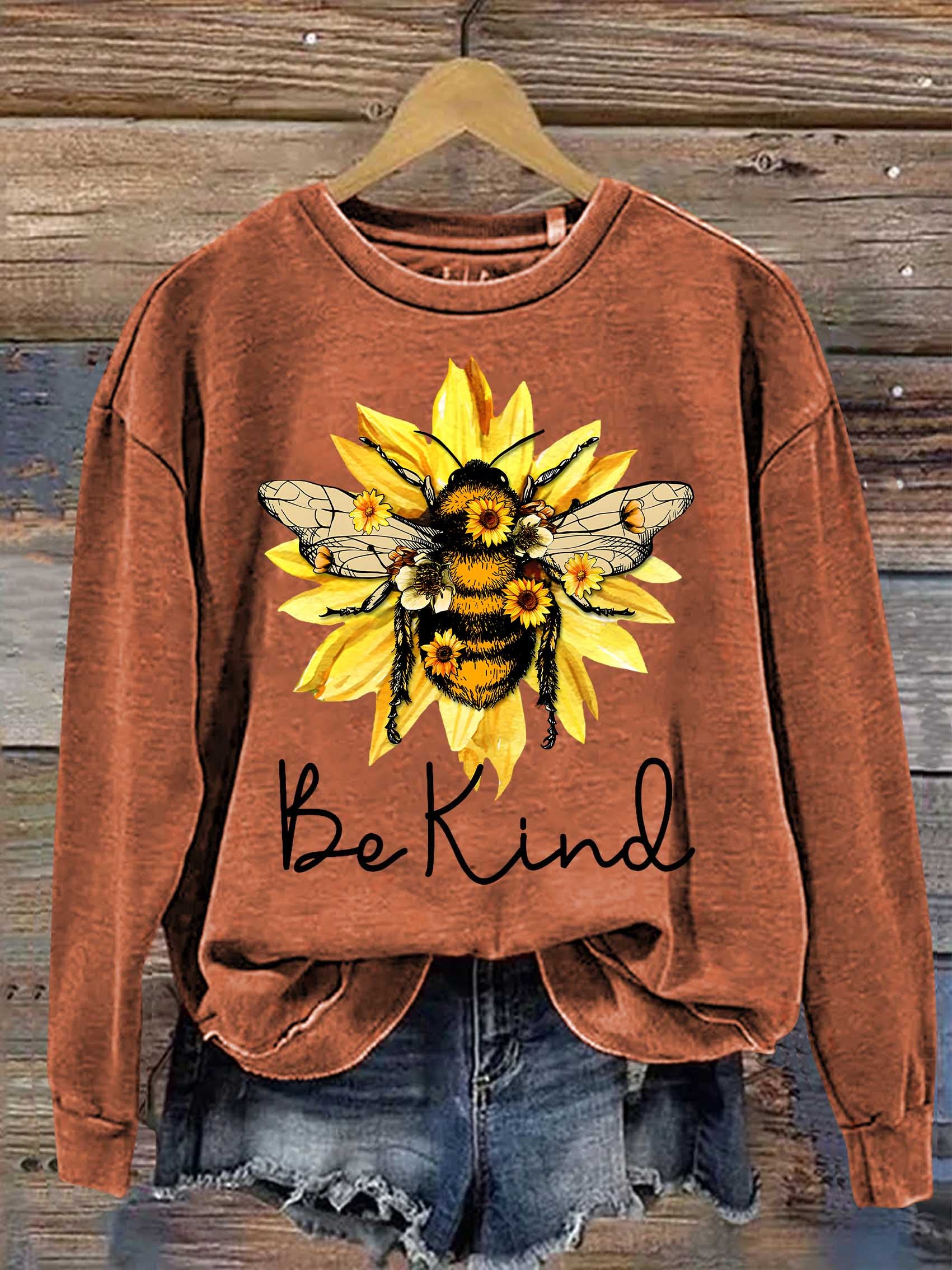Be Kind Flower Bee Print Casual Sweatshirt