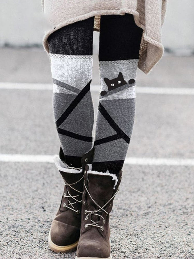 Black Line And Cat Print Women's Knitted Leggings