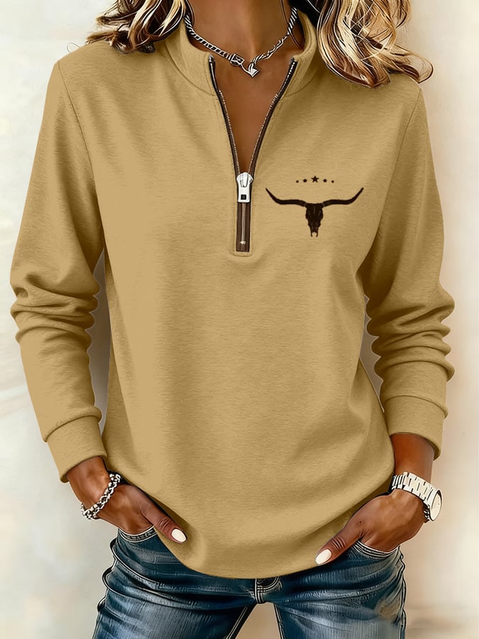 Women's Retro Cow Zipper Stand Collar Casual Sweatshirt
