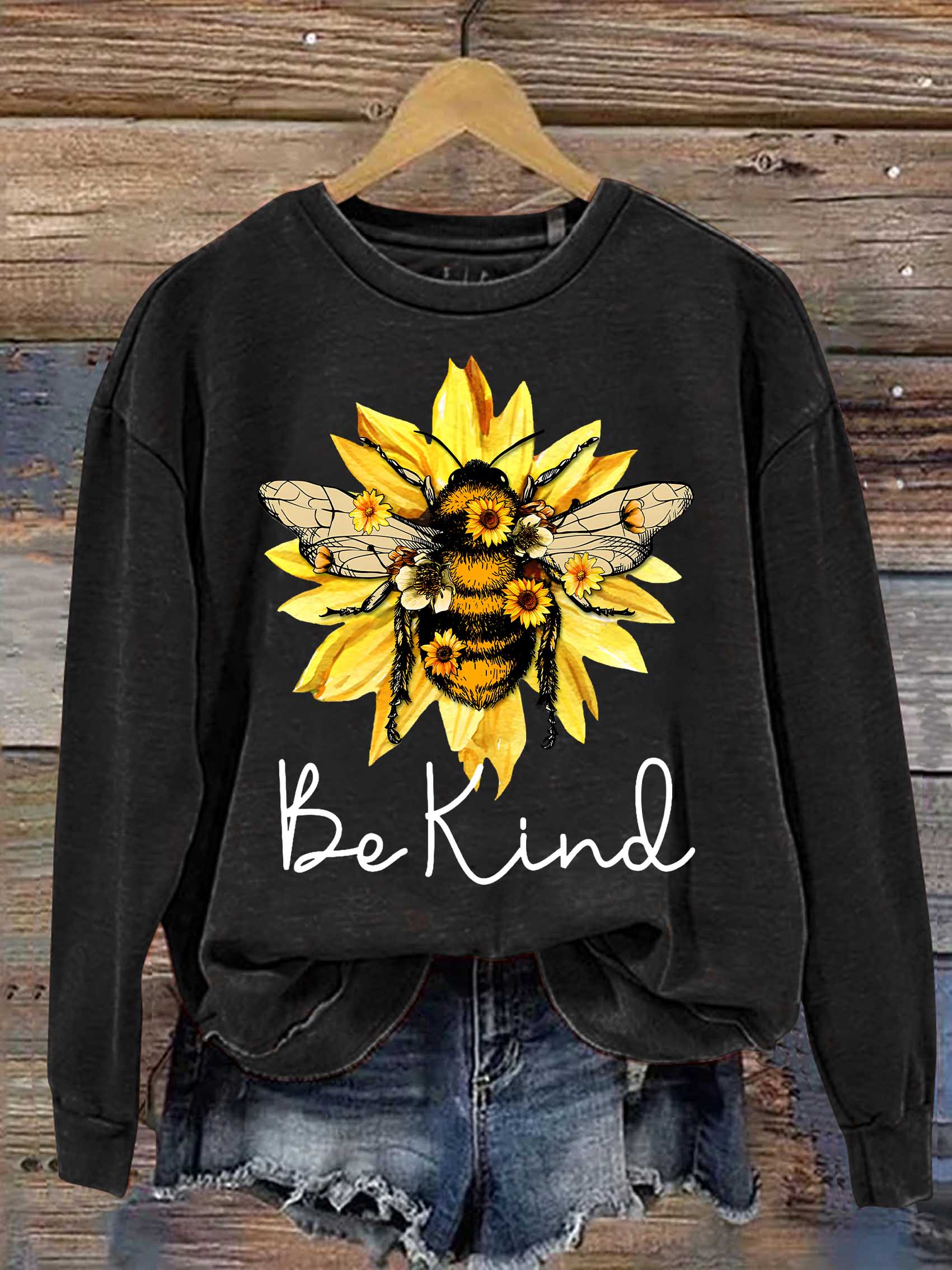 Be Kind Flower Bee Print Casual Sweatshirt
