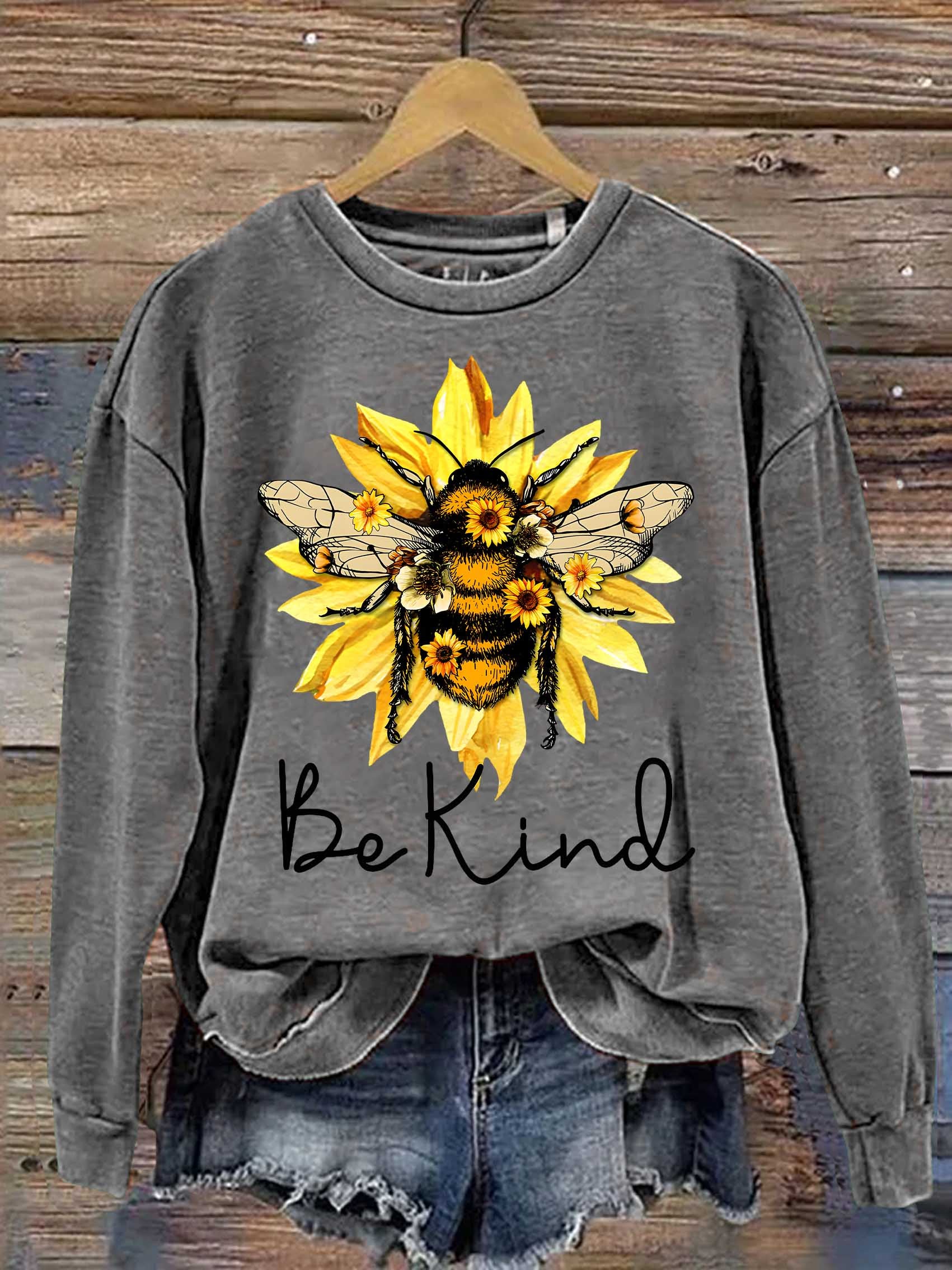 Be Kind Flower Bee Print Casual Sweatshirt