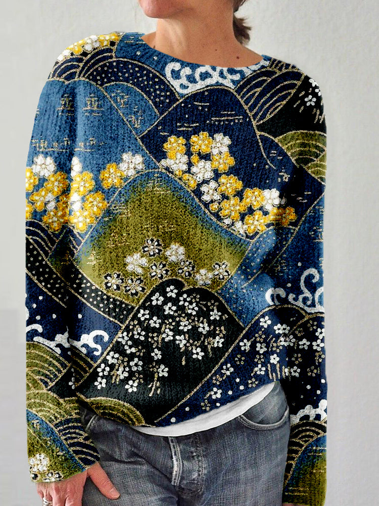 Traditional Japanese Pattern Crew Neck Comfy Sweater