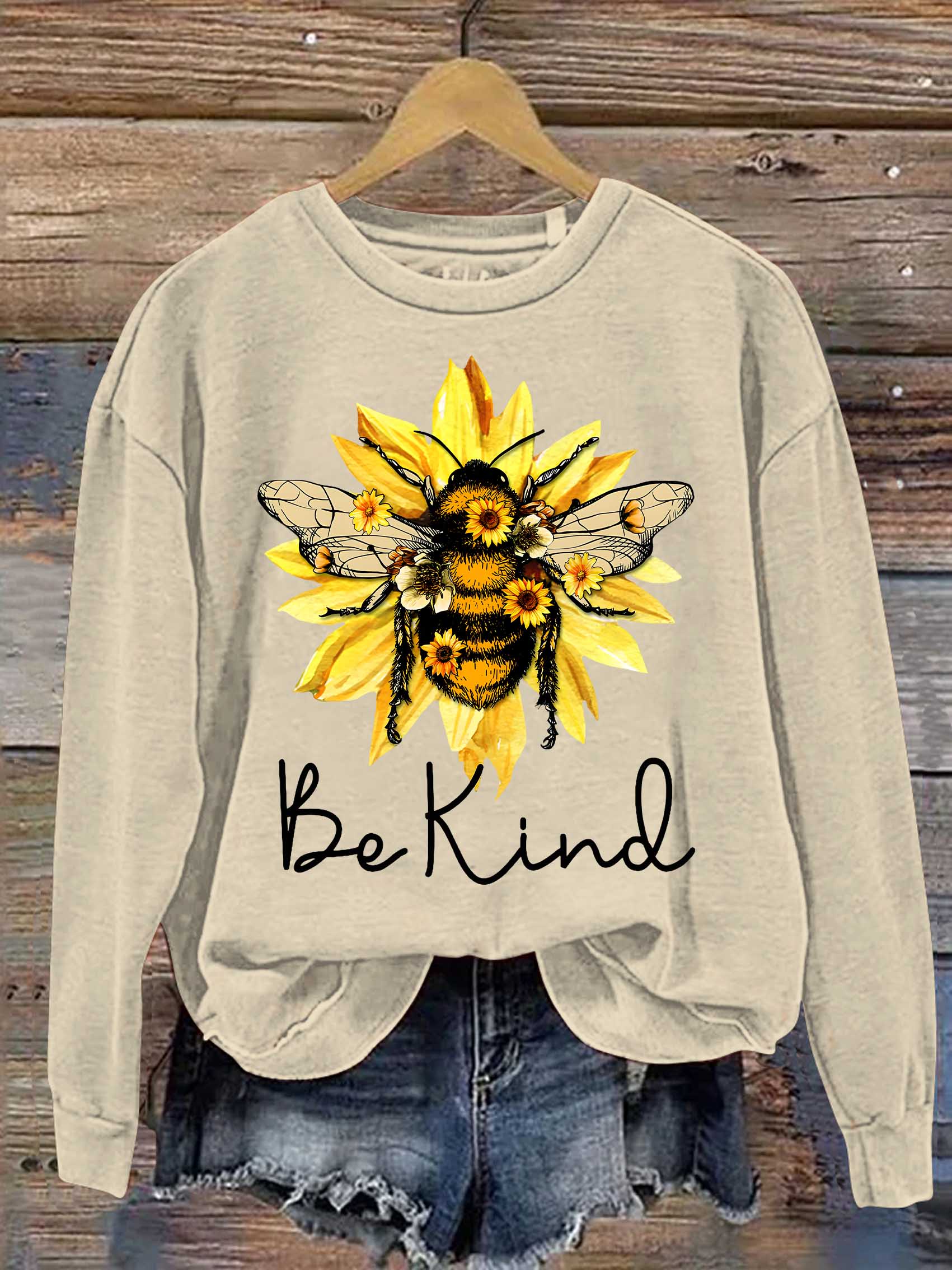 Be Kind Flower Bee Print Casual Sweatshirt