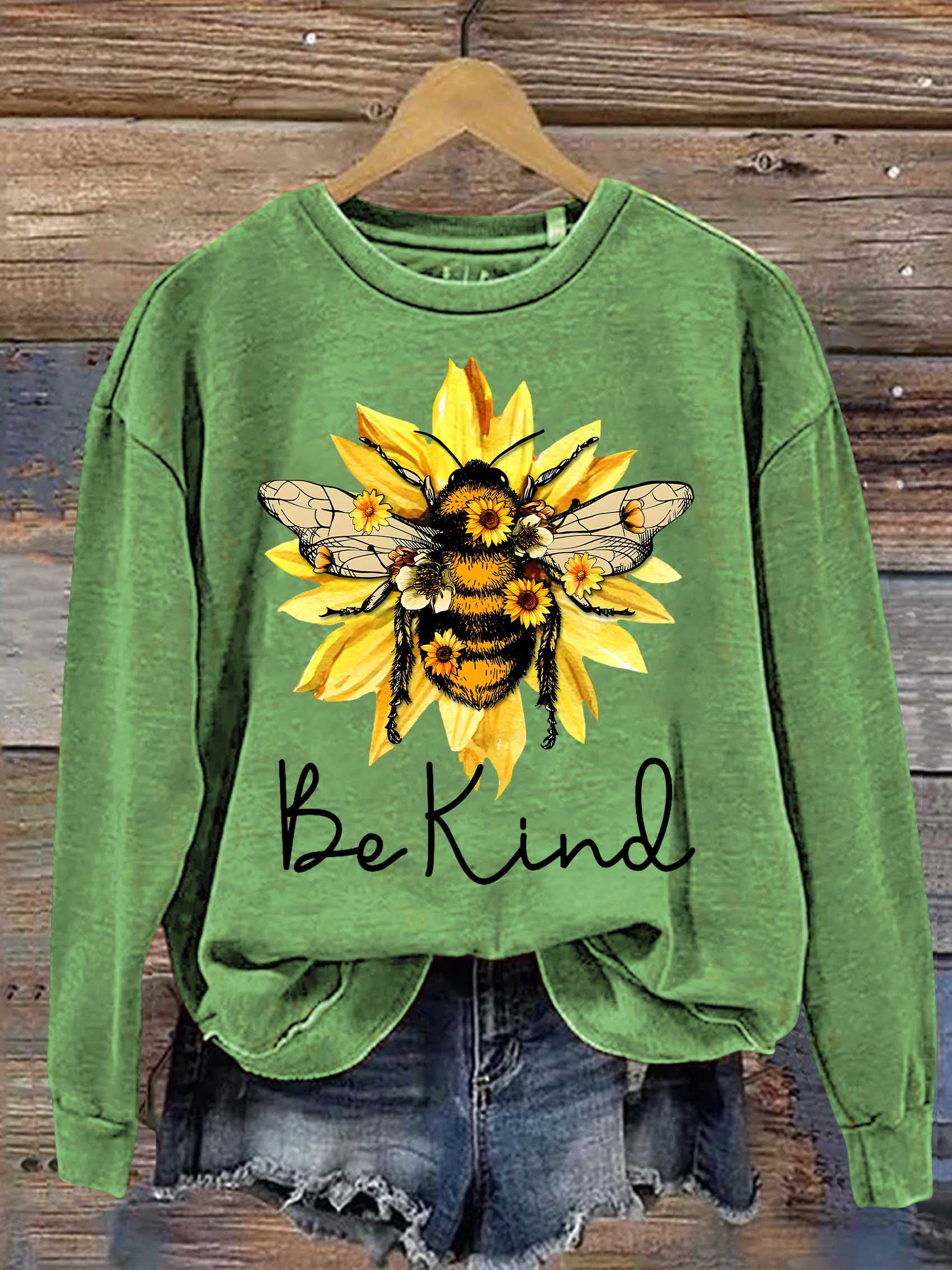 Be Kind Flower Bee Print Casual Sweatshirt