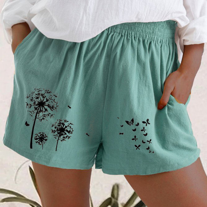 Women's Dandelion Printed Loose Cotton Pocket Casual Shorts