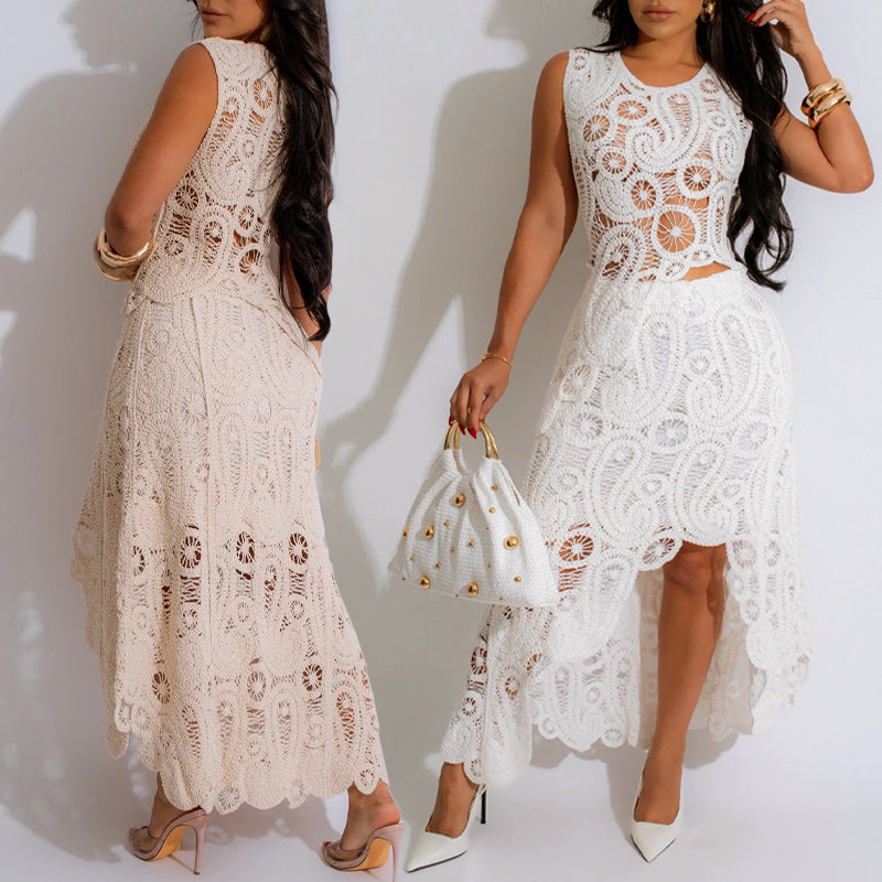 💕Limited Time 50% Off💕Women's Lace Hollow Out 2-Piece Set Sleeveless Top & Irregular Skirt
