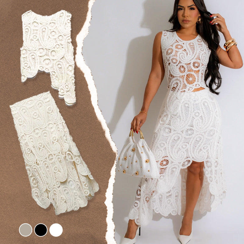 💕Limited Time 50% Off💕Women's Lace Hollow Out 2-Piece Set Sleeveless Top & Irregular Skirt