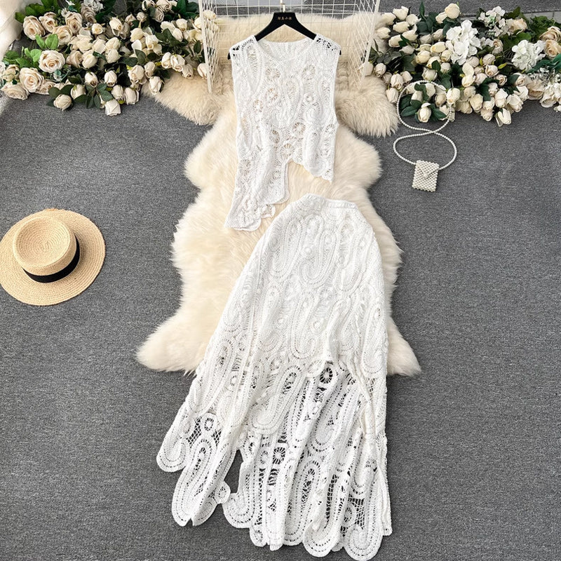 💕Limited Time 50% Off💕Women's Lace Hollow Out 2-Piece Set Sleeveless Top & Irregular Skirt