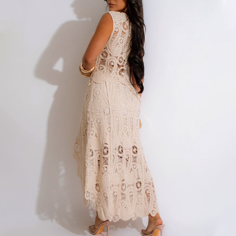 💕Limited Time 50% Off💕Women's Lace Hollow Out 2-Piece Set Sleeveless Top & Irregular Skirt