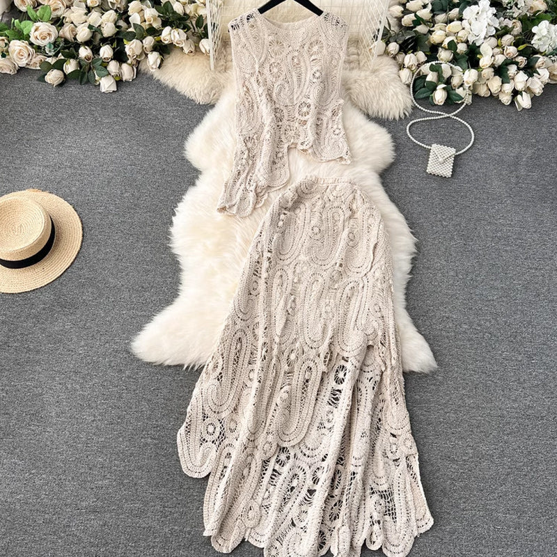 💕Limited Time 50% Off💕Women's Lace Hollow Out 2-Piece Set Sleeveless Top & Irregular Skirt