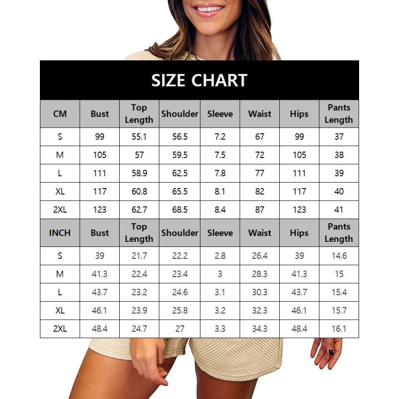 Women's Solid Textured Casual Short Sleeve Top Drawstring Shorts Set