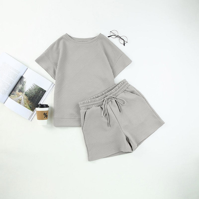 Women's Solid Textured Casual Short Sleeve Top Drawstring Shorts Set