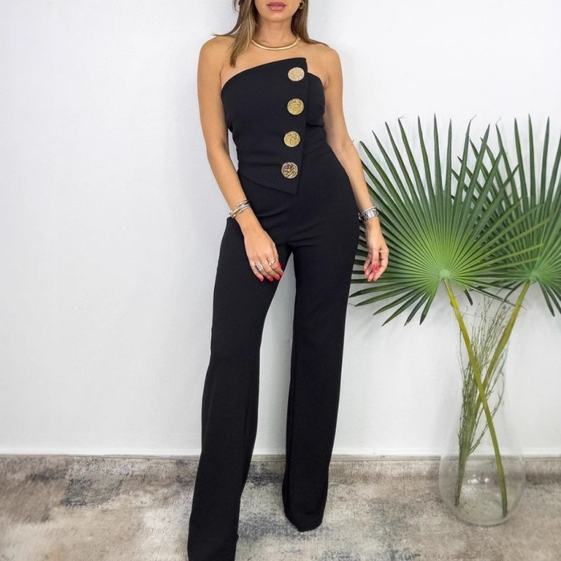 🎉What should I wear tomorrow? 💞Sleeveless Button Embellished Wide Leg Jumpsuit