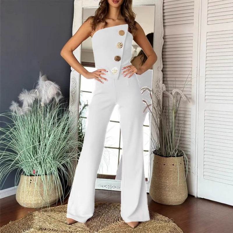 🎉What should I wear tomorrow? 💞Sleeveless Button Embellished Wide Leg Jumpsuit