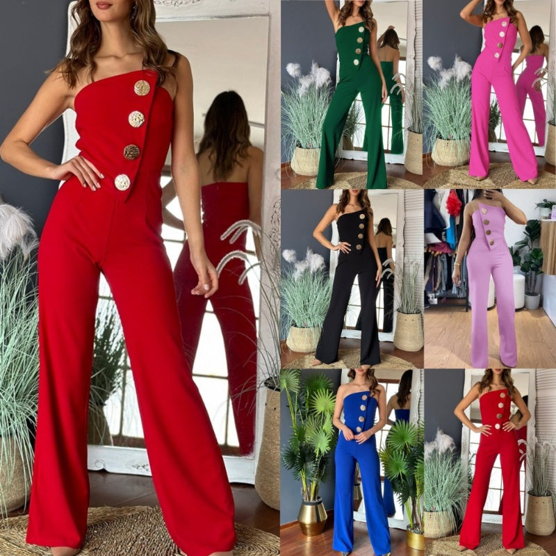 🎉What should I wear tomorrow? 💞Sleeveless Button Embellished Wide Leg Jumpsuit