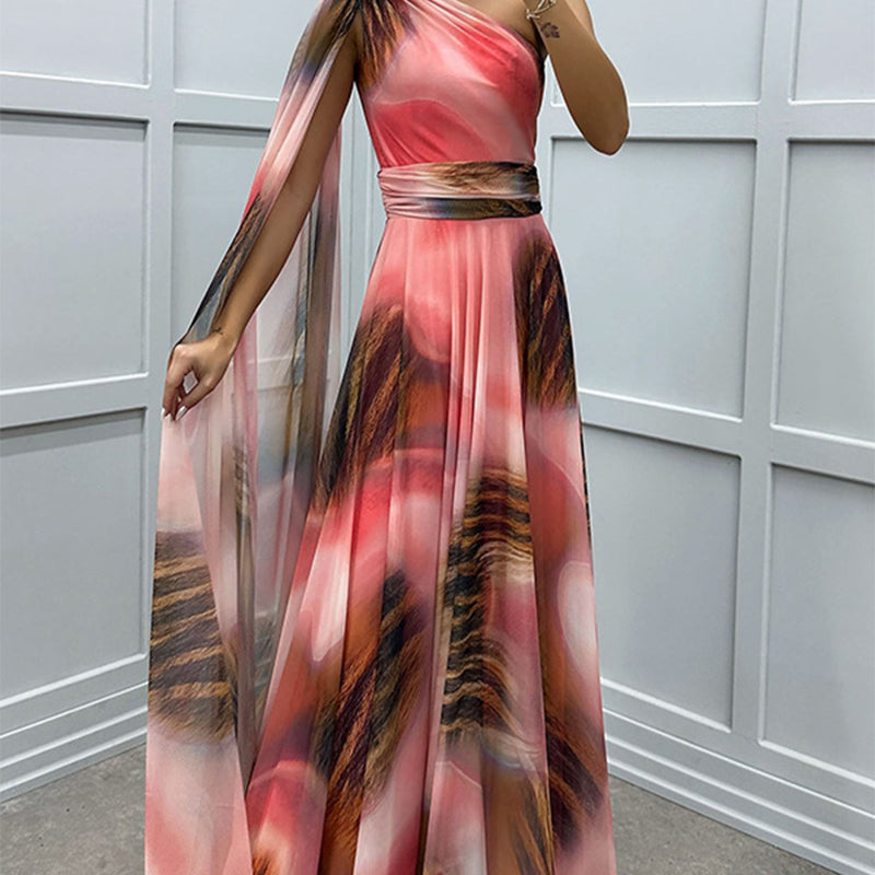 🌸Spring Specials💐Women's Fluttering Chiffon Printed Diagonal Shoulder Dresses