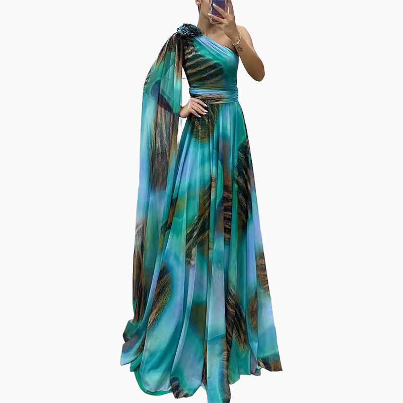 🌸Spring Specials💐Women's Fluttering Chiffon Printed Diagonal Shoulder Dresses